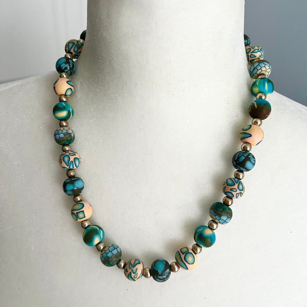 Handmade patterned bead peach and blue funky unique necklace